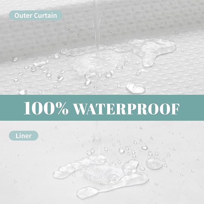 White No Hook Waffle Weave Shower Curtain with snap-in Liner Replacement, 230GSM Waterproof Fabric Hotel Shower Curtain Set for Bathroom, Through Mesh Top Window,71Wx74H