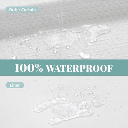 White No Hook Waffle Weave Shower Curtain with snap-in Liner Replacement, 230GSM Waterproof Fabric Hotel Shower Curtain Set for Bathroom, Through Mesh Top Window,71Wx74H