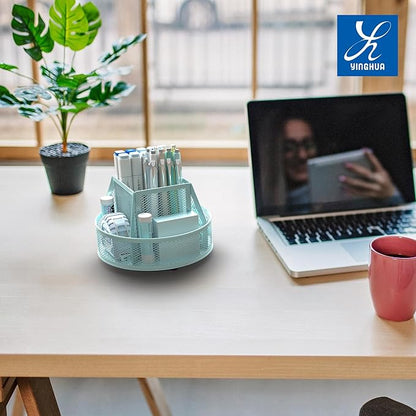 YINGHUA Metal Mesh Desk Organizer with 5 Compartments and Rotating Pencil Holder Pen and Stationery Organizer for Office Home School Anti Slip Base Blue
