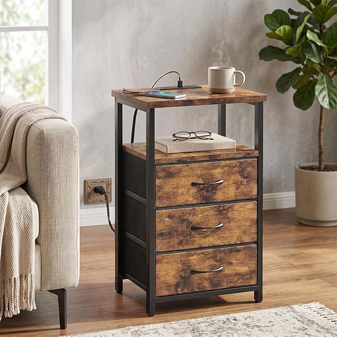 Fixwal Night Stand with 3 Fabric Drawers, Nightstand for Bedroom, Bedside Table with Charging Station End Table with Storage, Rustic Brown