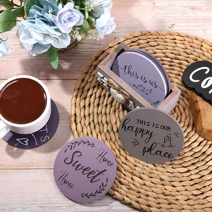 Queekay Coasters Set of 6 House Warming Gifts New Home Wooden Farmhouse Drink Coasters with Holder 4'' Funny Decoration for Kitchen Family Coffee Bar Tabletop Protection(Purple)
