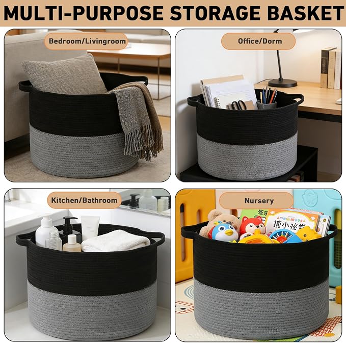 65L Large Blanket Basket,Woven Rope Laundry Basket Hamper with Handles,Decorative Nursery Basket Storage Bin for Toys, Pillows,Clothes Organizer, Living Room,Bedroom,Bathroom,Black&Dark Grey