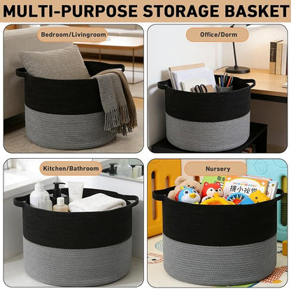 65L Large Blanket Basket,Woven Rope Laundry Basket Hamper with Handles,Decorative Nursery Basket Storage Bin for Toys, Pillows,Clothes Organizer, Living Room,Bedroom,Bathroom,Black&Dark Grey