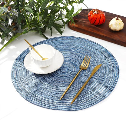 SHACOS Round Braided Placemats Set of 8 Circle Place Mats Cotton Polyester Kitchen Table Mats for Dining Table Wedding Party Decor (Blue Gray, 8)