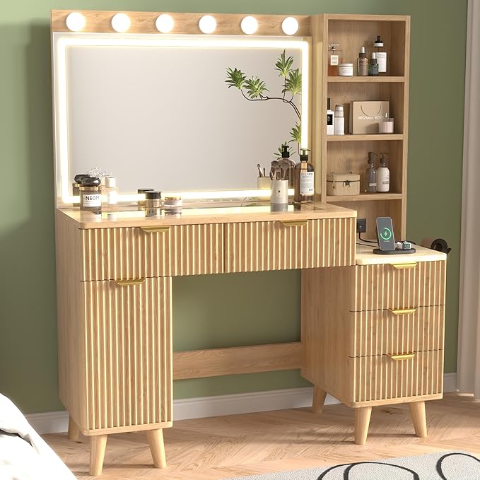 43" Fluted Makeup Vanity Desk with 32" Mirror and Lights, Modern Glass Top Large Vanity Table with 5 Drawers and 2 Storage Cabinets, Dressing Table Set with Charging Station for Bedroom-Gold
