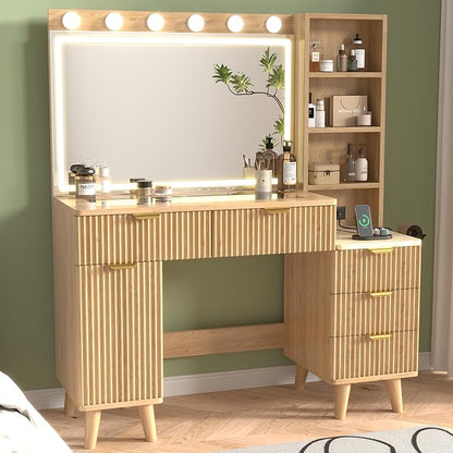 43" Fluted Makeup Vanity Desk with 32" Mirror and Lights, Modern Glass Top Large Vanity Table with 5 Drawers and 2 Storage Cabinets, Dressing Table Set with Charging Station for Bedroom-Gold