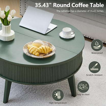 Round Lift Top Coffee Table with Storage, 35.4'' Fluted Wood Center Table Mid Century Modern Coffee Table with Lifting Top for Living Room, Office, Small Space Green