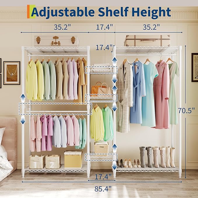 1630 LBS Heavy Duty Clothes Rack with Adjustable Shelves, 5 Tiers L-Shaped Freestanding Closet Organizer and Storage for Hanging Clothes, 85.4" W x 17.4" D x 70.5" H
