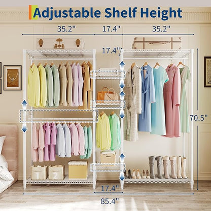 1630 LBS Heavy Duty Clothes Rack with Adjustable Shelves, 5 Tiers L-Shaped Freestanding Closet Organizer and Storage for Hanging Clothes, 85.4" W x 17.4" D x 70.5" H