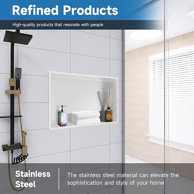 Shower Niche No Tile Needed, 18 x 12 Insert Shower Niche, Recessed Shelf for Bathroom Storage Over Mount Installation, White
