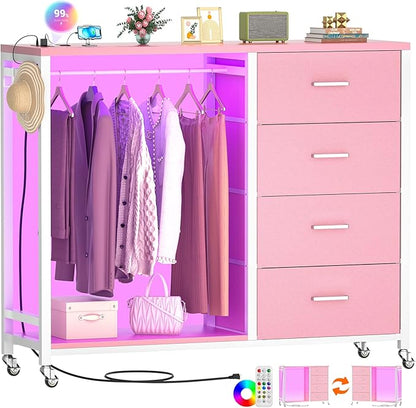 Cyclysio Dresser with Hanging Rack, 4 Fabric Drawers Dresser with Clothes Rack, Wooden Top Storage Chest of Drawers with Charging Station & LED Lights, Lockable Wheels, Closet