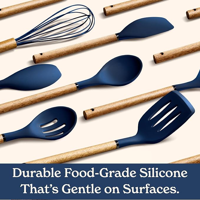 Country Kitchen Non Stick Silicone Utensil Set with Rounded Wood Handles for Cooking and Baking, 8 Piece Set, Navy