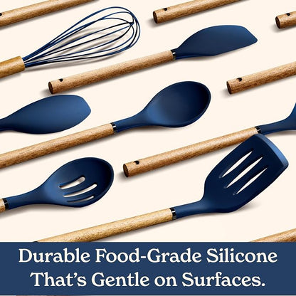 Country Kitchen Non Stick Silicone Utensil Set with Rounded Wood Handles for Cooking and Baking, 8 Piece Set, Navy