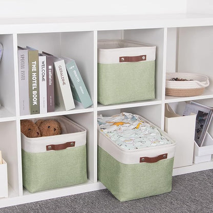 HNZIGE Storage Basket for Organizing Clothes(3 Pack) Decorative Storage Bins for Shelves Toys, Fabric Canvas Bins Storage Organizer with Handles(Gray&Green,15" X 11" X 9.5")