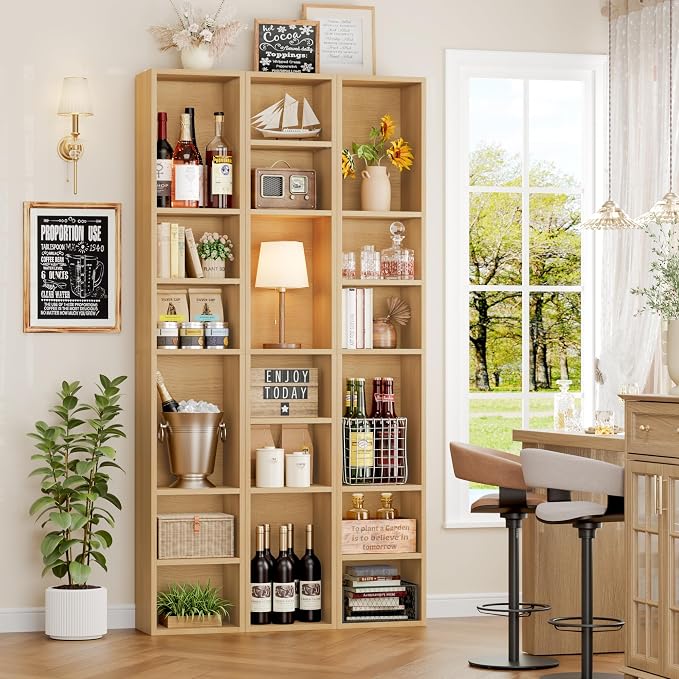 FOTOSOK 2 Pcs 71'' Tall Narrow Bookshelf, 8-Tier Media Tower Rack Set of 2, CD DVD Storage Cabinet with Adjustable Shelves, Tall Narrow Bookcase Skinny Display Bookshelf Slim Shelf, Natural
