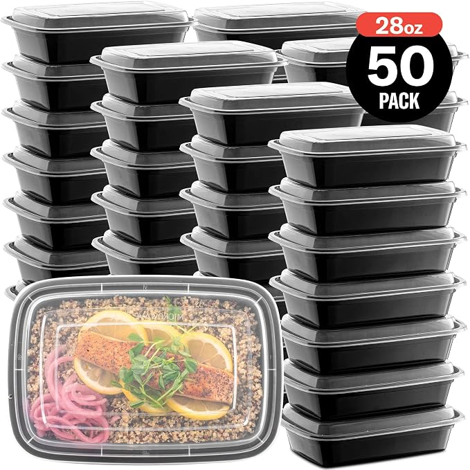 50-Pack Reusable Meal Prep Containers Microwave Safe Food Storage Containers with Lids, 28 oz - 1 Compartment Take Out Disposable Plastic Bento Lunch Box To Go, BPA Free - Dishwasher & Freezer Safe