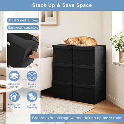 Bagnizer Large 22 Quart Linen Fabric Foldable Storage Bin Cube Organizer Basket with Flip-Top Lid & Handles, Clothes Blanket Box for Home, Office, Closet, Black, 4 Pack 14.6 x 9.5 x 9.5”