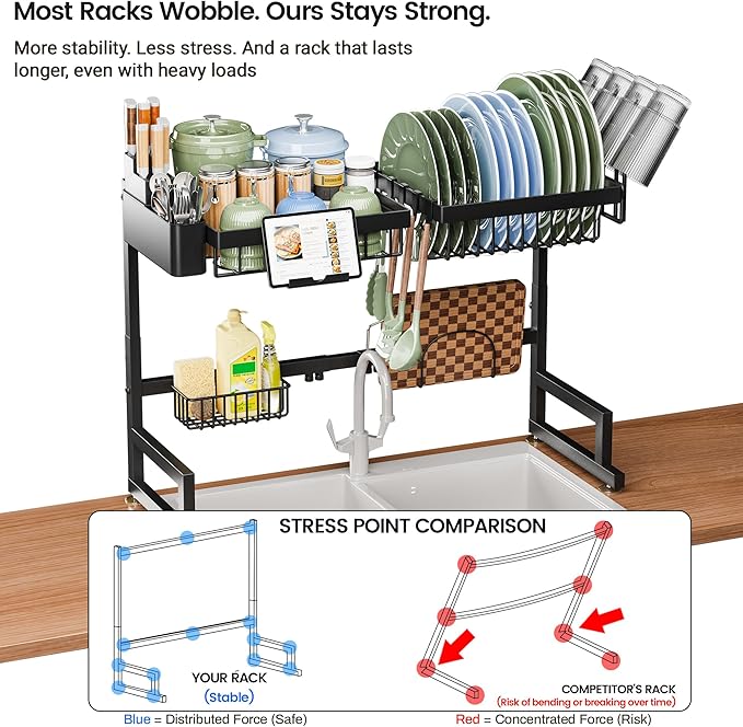 ADBIU Over The Sink Dish Drying Rack (Expandable Height and Length) Snap-On Design 2 Tier Large Dish Rack