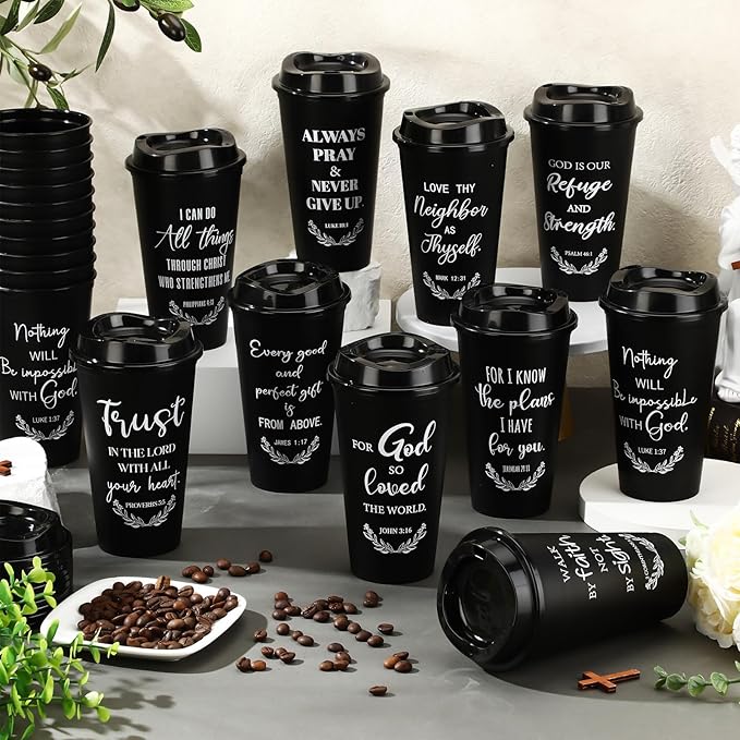 Skylety 20 Pack Christian Gifts for Men Women 16oz Reusable Bible Verse Tumbler Bulk Plastic Coffee Cups with Lids Inspirational Religious Church Gifts for Valentine Easter Birthday (Black)