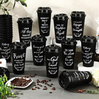 Skylety 20 Pack Christian Gifts for Men Women 16oz Reusable Bible Verse Tumbler Bulk Plastic Coffee Cups with Lids Inspirational Religious Church Gifts for Valentine Easter Birthday (Black)