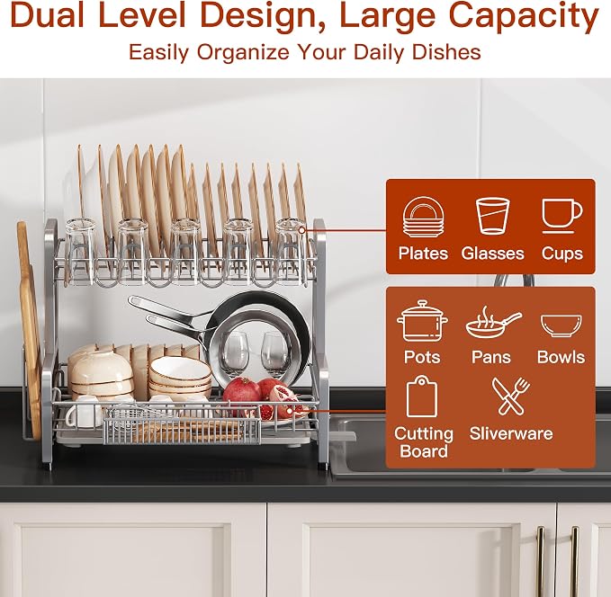 BOOSINY 2 Tier Dish Drainer Drying Rack for Kitchen Counter, Large Stainless Steel Dish Dryer with Drainboard, Big Rustproof Metal Space Saving Countertop Plate Strainer with Utensil Holder, Sliver