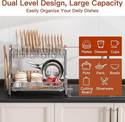 BOOSINY 2 Tier Dish Drainer Drying Rack for Kitchen Counter, Large Stainless Steel Dish Dryer with Drainboard, Big Rustproof Metal Space Saving Countertop Plate Strainer with Utensil Holder, Sliver