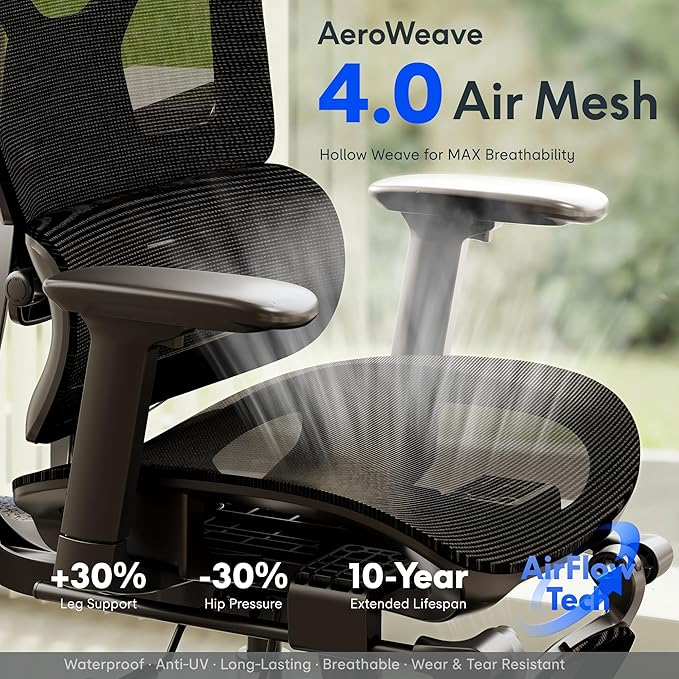 FLEXISPOT ErgoX Premium Ergonomic Office Chair with Footrest- Adjustable 3D Armrests, Dynamic Lumbar Support, Recline & Tilt Function, Mesh Seat, for Home & Office Use,Black