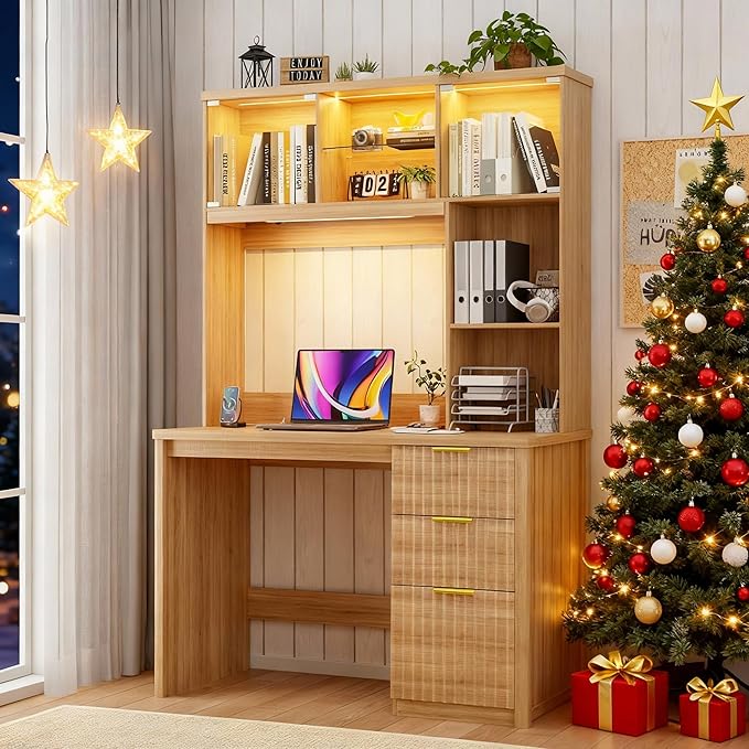 FREDEES LED Study Desk with Hutch, Home Office Desk with Charging Station & Storage Drawer, 70'H Writing Table with Glass Display Cabinet, 3 Color Light Computer Desks for Study, Wood