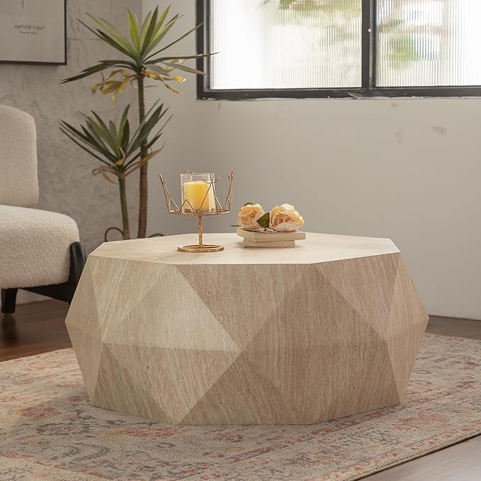 38.58" Modern Farmhouse Coffee Table, Drum American Retro Style Coffee Table for Office, Dining Room and Living Room, Natural