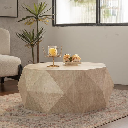 38.58" Modern Farmhouse Coffee Table, Drum American Retro Style Coffee Table for Office, Dining Room and Living Room, Natural