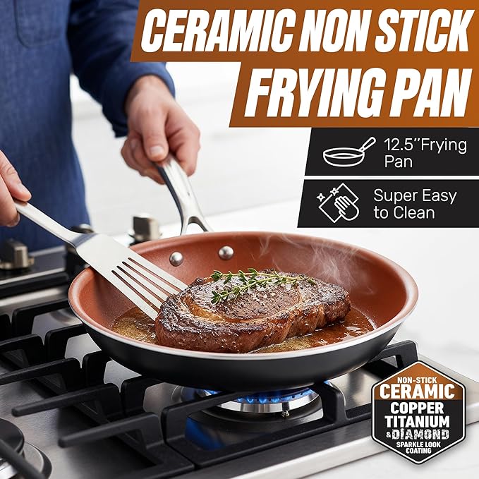 Gotham Steel Non Stick Frying Pan, 12.5” Ceramic Frying Pan Nonstick, Long Lasting Nonstick Cooking Pan, Egg Pan, Stay Cool Handle, Ultra-Durable, Stovetop Dishwasher & Oven Safe, 100% Toxin Free