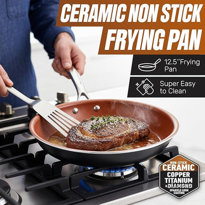 Gotham Steel Non Stick Frying Pan, 12.5” Ceramic Frying Pan Nonstick, Long Lasting Nonstick Cooking Pan, Egg Pan, Stay Cool Handle, Ultra-Durable, Stovetop Dishwasher & Oven Safe, 100% Toxin Free