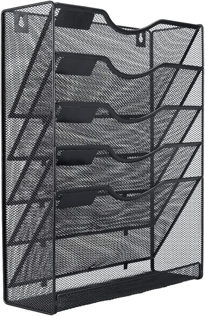 EasyPAG 5 Tier Wall File Holder Mesh Hanging Folder Organizer with Classify Label, Versatile Desk File Holder, Vertical Wall Mounted Mail Organizer for Office Home Cubicle, Black, Closed Sides