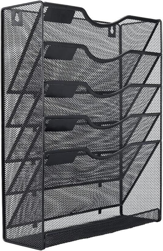 EasyPAG 5 Tier Wall File Holder Mesh Hanging Folder Organizer with Classify Label, Versatile Desk File Holder, Vertical Wall Mounted Mail Organizer for Office Home Cubicle, Black, Closed Sides