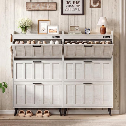 ChooChoo Shoe Storage Cabinet with 3 Flip Drawers, Deodorizing Shoe Organizer Storage for Entryway, Freestanding Hidden Slim Narrow Shoe Rack Cabinet, Antique White