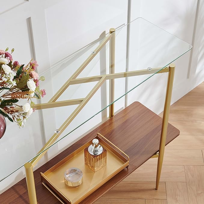 Rectangle Glass Console Table, Mid-Century Modern Design, L41*W14*H32 inch, for Living Room, Clear Glass Top and Walnut Finish Wood Shelf, Conical Metal Legs with Gold Finish