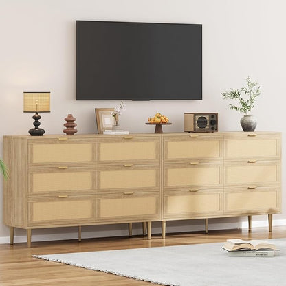 IDEALHOUSE Rattan 6 Drawer Dresser for Bedroom, Modern Chest of Drawers with Gold Legs and Gold Handles, Wide Double Dresser with Large Tabletop and Anti-Tipping Design for Bedroom Living Room, Oak