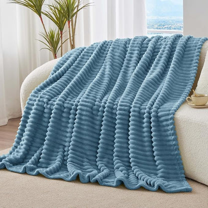 BEDELITE Twin Blanket for Couch & Bed, 300GSM Soft & Warm Fleece Blanket, Decorative and Giftable Striped Light Blue Blankets for Women, Men, 60"x80"