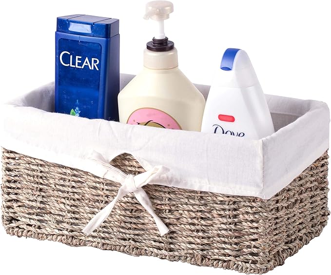 Vintiquewise(TM Seagrass Shelf Basket Lined with White Lining (Pack of 2)