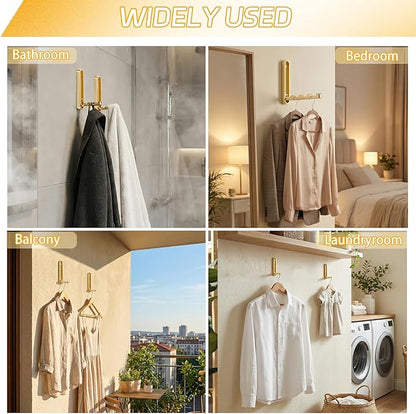 Dntorx 2 Pcs Extended Folding Coat Hooks Wall Mounted, 4.33 in Gold Foldable Wall Hooks Heavy Duty Valet RV Hooks Bathroom Towel Hooks Robe Hooks for Hanging Towels Clothes Coat Hat Bags