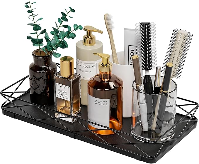 Toilet Paper Basket Holder, 13" Bathroom Tray Countertop, Wood and Metal Toilet Tank Tray Bathroom Vanity Organizer for Toiletry, Kitchen Sink Organizer for Soap Dispenser (Black)