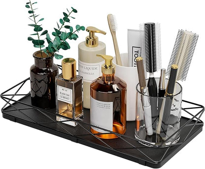 Toilet Paper Basket Holder, 13" Bathroom Tray Countertop, Wood and Metal Toilet Tank Tray Bathroom Vanity Organizer for Toiletry, Kitchen Sink Organizer for Soap Dispenser (Black)