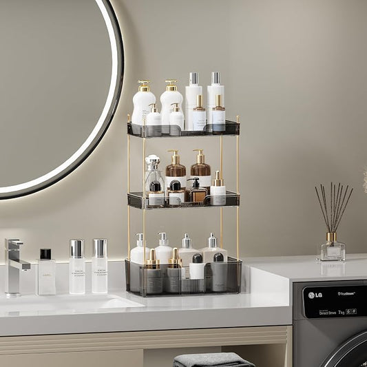 Akinbas 3 Tier Bathroom Organizer Countertop Makeup Perfume Tray Skincare Organizer for Bathroom Dresser Vanity (Grey)