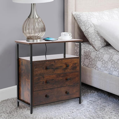 3 Wooden Drawers Nightstand, 27 Inch Wide Night Stand Set 2 with Charging Station and Adjustable Drawers, Small Dresser for Closet, Bedside Table for Living Room/Bedroom/Office, Retro Brown.