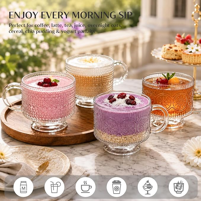 INSETLAN Vintage Glass Coffee Mugs 14 oz Set of 2, Embossed Overnight Oats Containers with Bamboo Lids and Spoons, Glass Coffee Cups for Tea, Cappuccino, Latte, Cereal and Yogurt, Gifts for Women