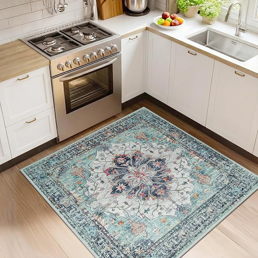 RELEANY Area Rugs Square 4ft Washable Non-Slip, Floral Vintage Distress Medallion Carpet for Living Room Bedroom Dining Room, Green Navy Blue White Red Teal