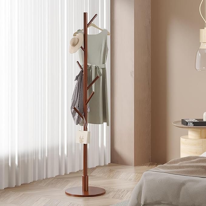 VECELO Coat Rack Freestanding, Entryway Hanger Stand, Umbrella Holder, Hall Tree With Hooks, Floor Standing Tree Stand,Walnut