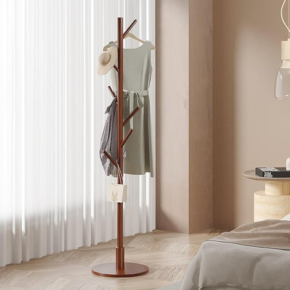 VECELO Coat Rack Freestanding, Entryway Hanger Stand, Umbrella Holder, Hall Tree With Hooks, Floor Standing Tree Stand,Walnut