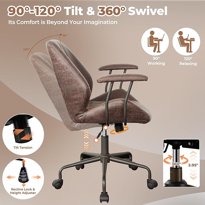 ovios Home Office Chair, Mid-Century Modern Faux Suede Leather Ergonomic Chairs, Mid Back Comfy Computer Swivel Rolling Task Executive Armchair, Dark Brown