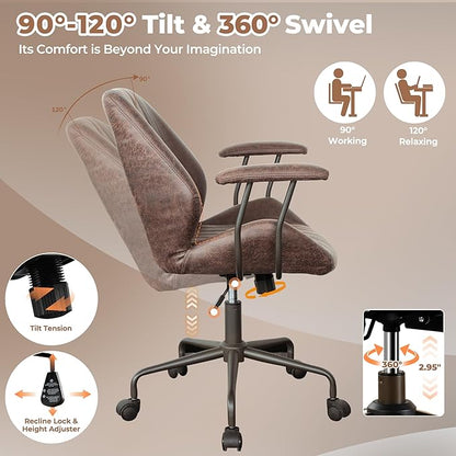 ovios Home Office Chair, Mid-Century Modern Faux Suede Leather Ergonomic Chairs, Mid Back Comfy Computer Swivel Rolling Task Executive Armchair, Dark Brown